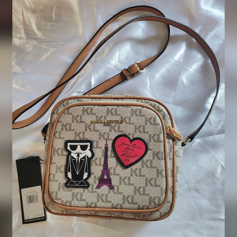 Karl Lagerfeld Tan Crossbody Bag with Graphic Accents